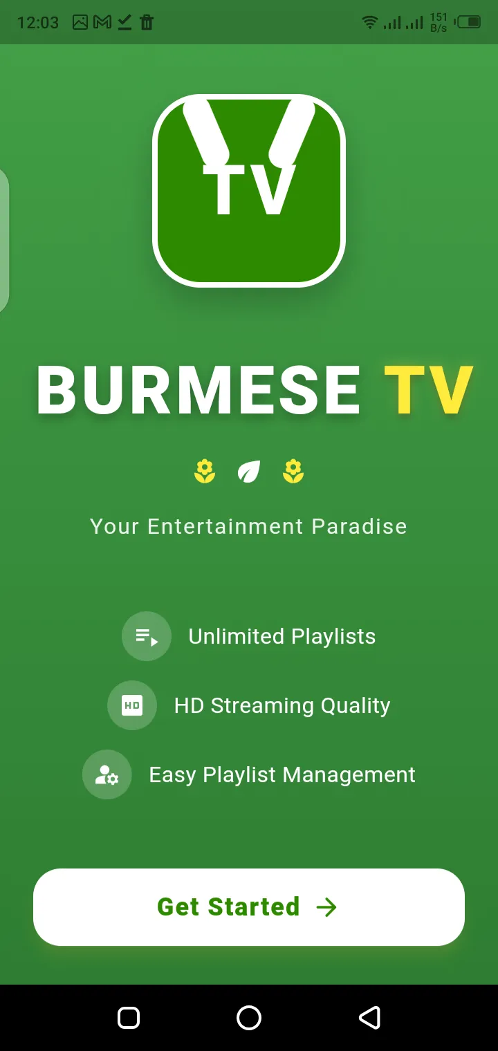Screenshot of Burmese TV live television streaming interface on Android